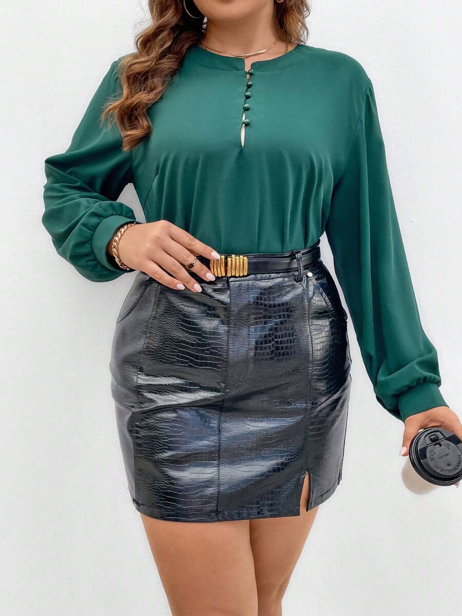SHEIN Unity Plus-size Solid Color Button-down Half-placket Shirt - Dark Green - View 1