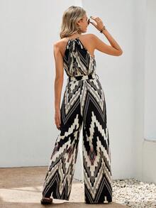 SHEIN VCAY Chevron Print Belted Halter Jumpsuit - Multicolor - View 2