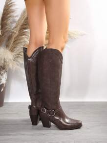 女性棕色的過膝V形騎士靴子,復古高西部風格尖頭牛仔長款靴子適用於2023秋冬 - 棕色 - 查看 2
