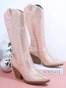 SHUZIA 畅销女士奢华水钻玫瑰金及膝西部靴：Tayler Swit 风格，假日必备，永恒奢华 - 金色 - 查看 2