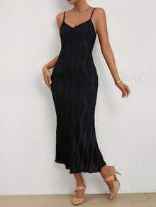 SHEIN Privé Ruffled Fish Tail Hem Dress - Black - View 6