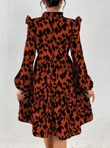 SHEIN VCAY Allover Print Lantern Sleeve Ruffle Hem Smock Dress - Coffee Brown - View 2