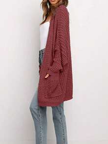 Simplee Thả vai Túi mặt trước Áo len Mở - Màu Đỏ Sâu - Xem 4