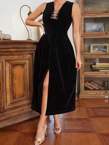 極簡性感深v領無袖天鵝絨派對裙 - 黑色 - 查看 4