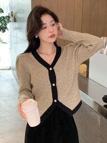 DAZY Contrast Trim Puff Sleeve Cardigan - Khaki - View 4