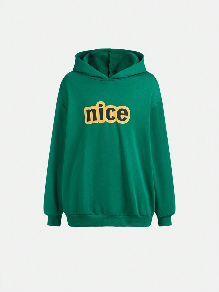 SHEIN Bộ 2 áo hoodie in chữ và quần nỉ trơn màu cho bé trai tuổi teen, dày dặn - Màu xanh lá cây đậm - Xem 5