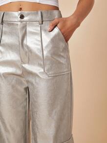SHEIN Unity Pantalones metalizado con bolsillo con solapa