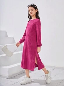 女大童素色下擺開叉落肩袖洋裝 - 藍色 - 查看 4