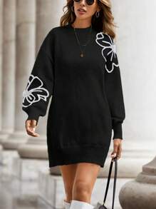 SHEIN LUNE Floral Pattern Drop Shoulder Sweater Dress - Black - View 4