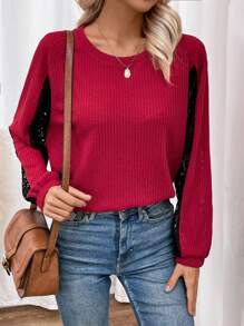 SHEIN LUNE Color Block Sequin Patchwork T-shirt - Burgundy - View 4