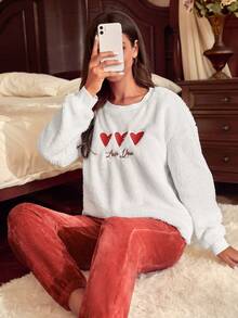 Women's Heart & Letter Printed Embroidered Furry Pajama Set - Multicolor - View 3