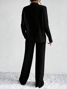 Chiquease 女士半高領長袖毛衣和長褲套裝 - 黑色 - 查看 2