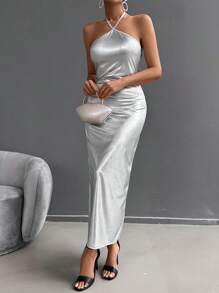 EURMUSE Backless Halterneck Sexy Dress - Silver - View 6