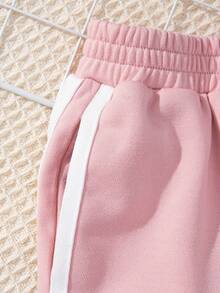 女童休閒街頭風格運動針織彈性口袋長褲 - 粉色 - 查看 5