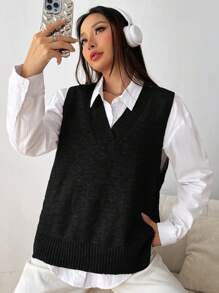 SHEIN EZwear 1 Miếng Viền chia cắt Áo len vest - màu đen - Xem 5