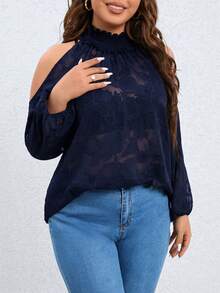 SHEIN Clasi Plus Size Jacquard Flower Applique Cold Shoulder Blouse - Navy Blue - View 3