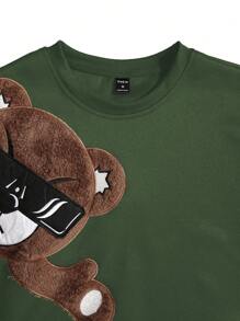 Manfinity Homme Loose Fit Men's Round Neck Pullover With Bear Embroidery - Army Green - View 5