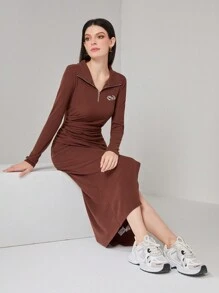 Mulvari Women's Slim Fit Pleated Dress With Letter Print - Coffee - View 1