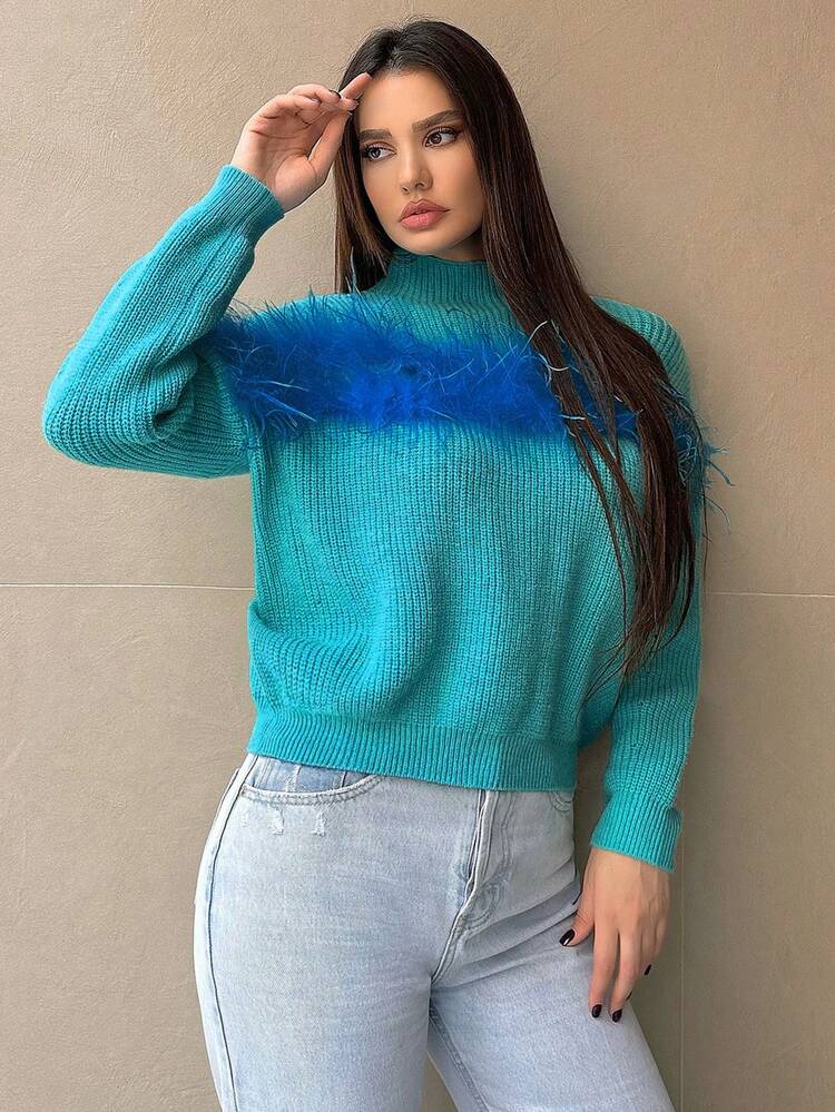 Mock Neck Drop Shoulder Fuzzy Trim Sweater