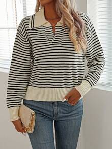 V領配色條紋毛衣 - 杏色 - 查看 5