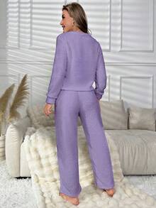 女性純色毛絨家居服裝套裝 - 紫色 - 查看 2