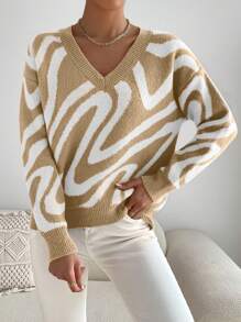 SHEIN LUNE 图案落肩针织套头衫，适合秋冬季穿着 - 卡其色 - 查看 1