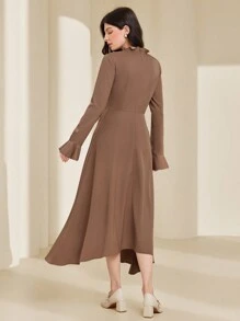 Seusyu 女款純色波浪袖禮服連褶邊裝飾連衣裙 - 棕色 - 查看 5