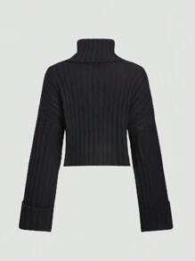 SHEIN Unity Women's High Neck Solid Color Drop Shoulder Sweater Knit Pullover Fall Winter Outfit - Black - View 2