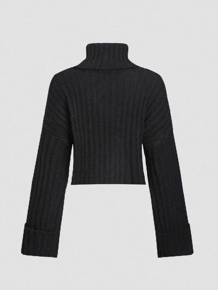Women's High Neck Solid Color Drop Shoulder Knit Pullover Fall Winter Sweater