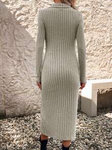 SHEIN LUNE 純色高開叉羅紋針織連身裙 - 杏色 - 查看 2