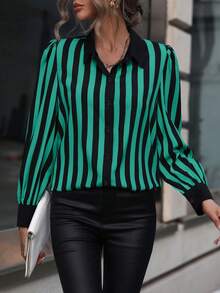 SHEIN Frenchy 條紋印花前紐扣襯衫 - 藍色 - 查看 5