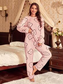 Cartoon Bear Printed Pajama Set - Pink - View 6