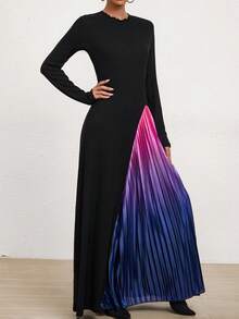 SHEIN Privé Colorblock Raglan Sleeve Pleated Hem Dress - Black and White - View 4