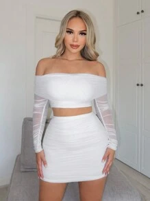 SHEIN SXY 女士翻领露肩褶饰短款上衣和修身半身裙 - 白色 - 查看 4