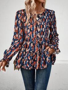 SHEIN LUNE Camisa De Muñeca De Manga Con Volantes Y Estampado Integral De Hojas Para Damas - Multicolor - Ver 5