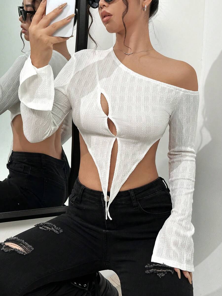 SHEIN Unity 不對稱領前鏤空短款T恤 - 白色 - 查看 1