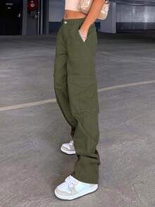 女士春季休闲直筒牛仔裤，带翻盖口袋 - 綠色 - 查看 3