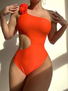 Swim Lushoire 夏日海灘露肩花朵刺繡連身泳衣，游泳衣 - 亮橙色 - 查看 5