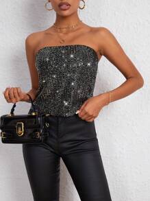 SHEIN Privé Top bandeau con lentejuelas - Plateado - Ver 4