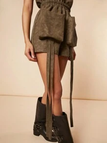 Hauture Faux Suede Pocket Strap Tube Romper