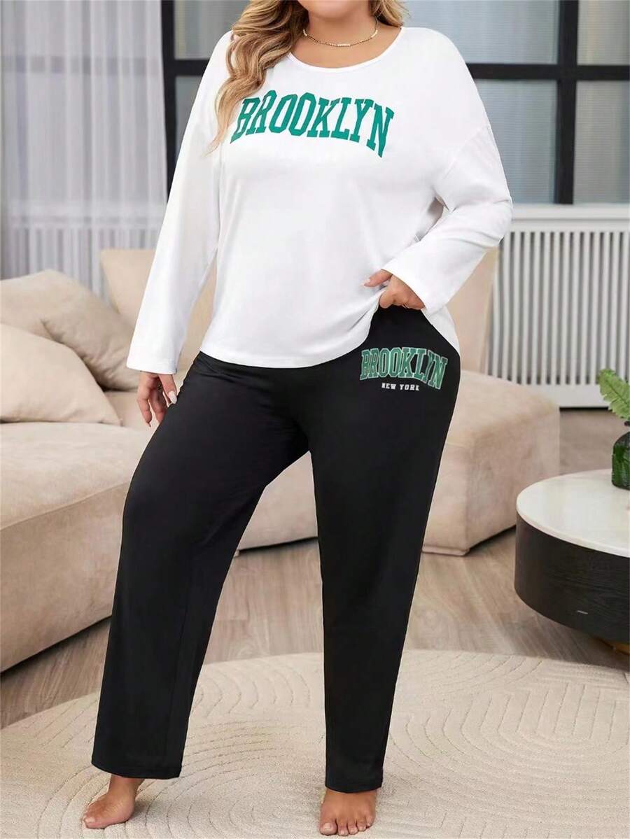 印有字母圖案的長袖睡衣套裝 - 黑與白 - 查看 1