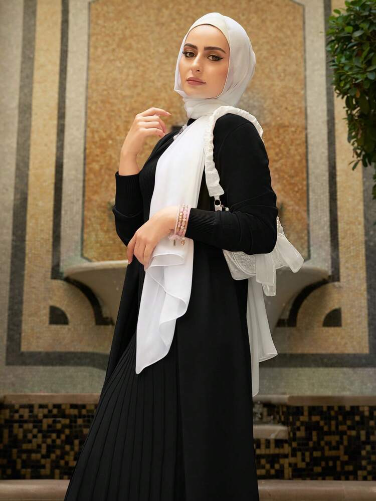 Mulvari 2pcs Solid Color Sweater Cardigan And Turtleneck Tie-waist Dress - Black - View 11