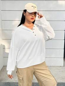 SHEIN EZwear Áo nỉ cỡ lớn cài nửa tay, vai rớt - trắng - Xem 6