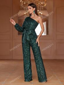 One Shoulder Belted Sequin Elegant Long Sleeve Jumpsuit, For Wedding Guest