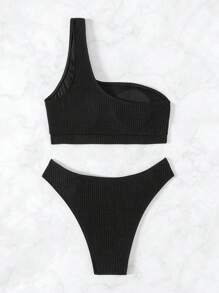 SHEIN Swim Solid Color One Shoulder Bikini Set Summer Beach - Black - View 5