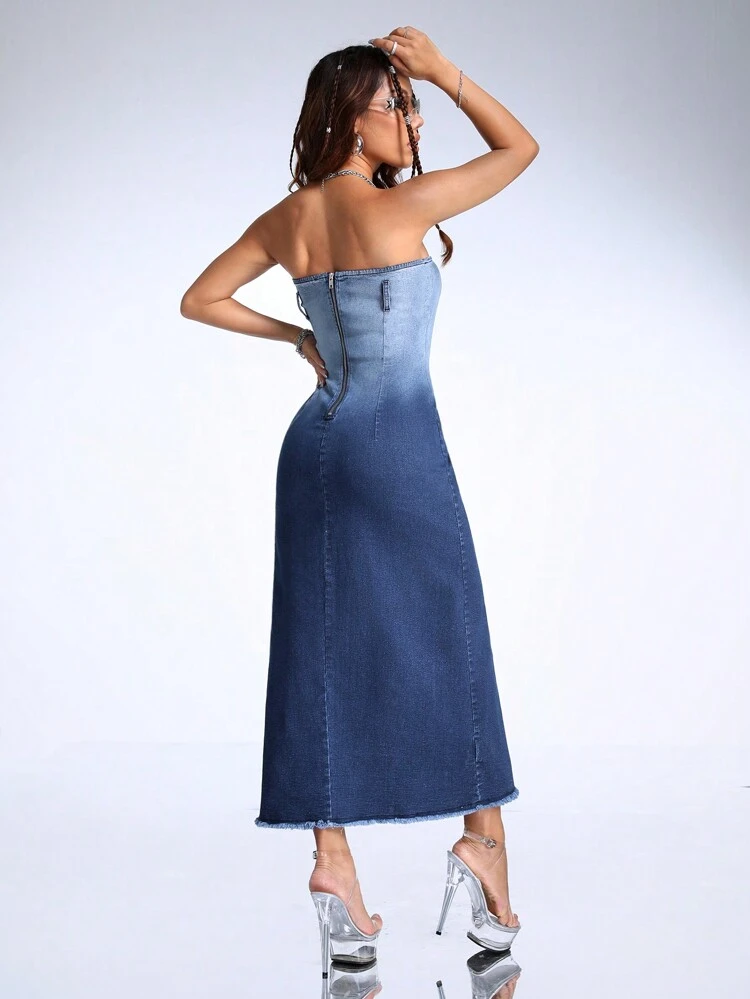 Women's Gradient High Slit Strapless Denim Dress