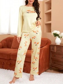 女士卡通狐狸圖案睡衣套裝 - 黃色 - 查看 5