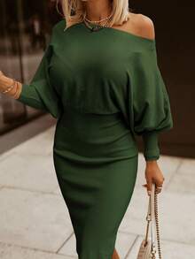 Acelitt Ladies' Solid Color Batwing Sleeve Sweater Dress - Green - View 4