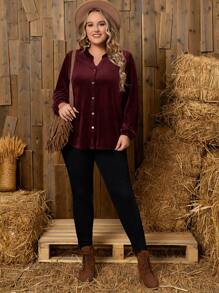 EMERY ROSE 女士加大號分翻領前鈕扣上衣 - 酒紅色 - 查看 5