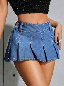 SHEIN ICON 女式牛仔褶裙,鉚釘裝飾 - 淺色水洗藍 - 查看 4